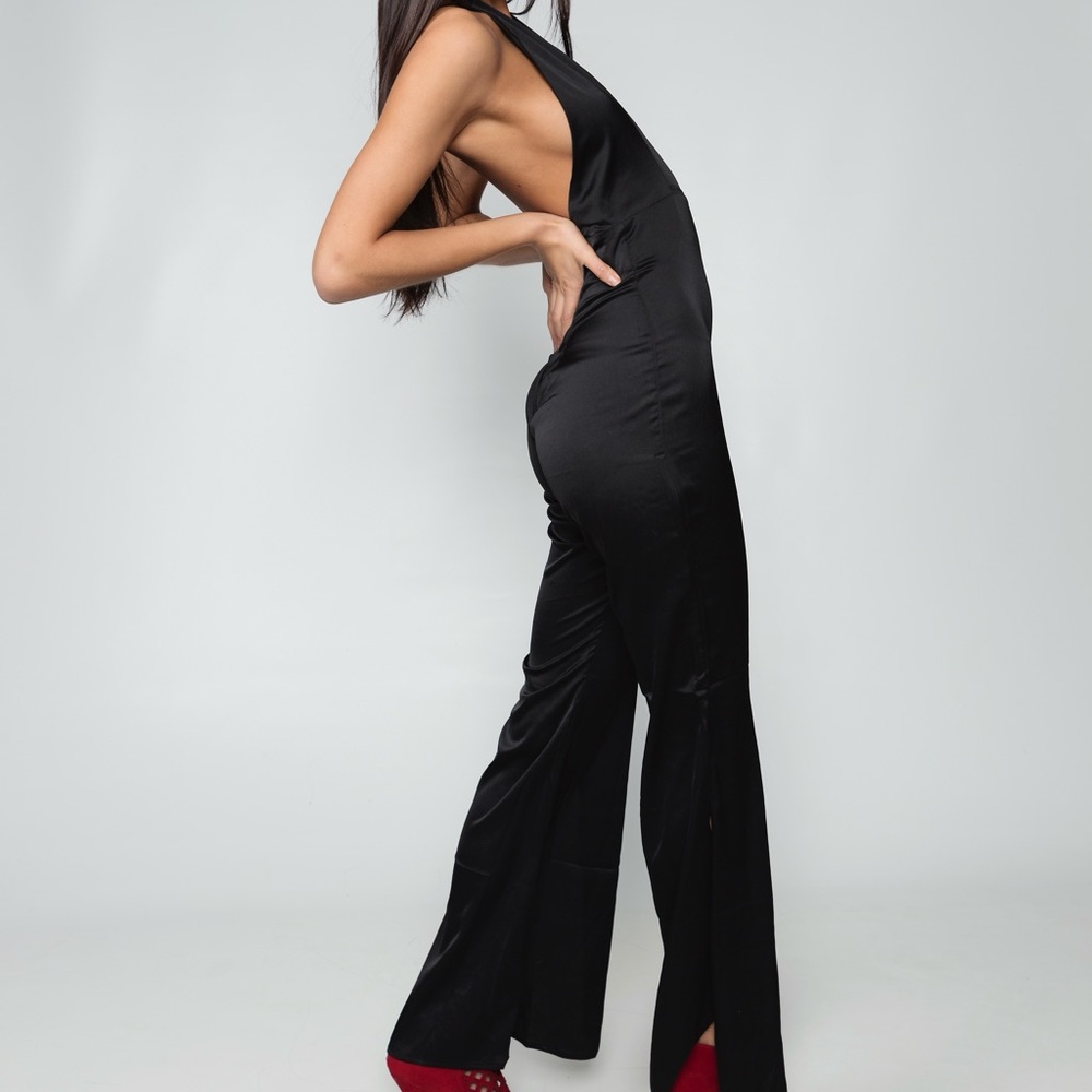 In the Style black satin plunge split leg jumpsuit